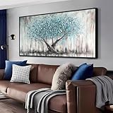 Arjun Blue Tree Wall Art Nature Tree of Life Abstract Canvas Painting Textured Picture Panoramic Landscape Artwork for Living Room Bedroom Bathroom Office Home Decor, Black Wood Framed Large 40'x20'