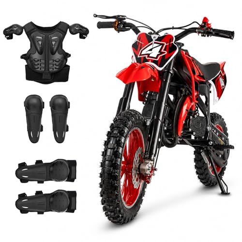 Kids Dirt Bike Gas Powered 50cc 2 Stroke 49cc Dirt Bike Pit Bike Up to 24 MPH Pull Start Gas Dirt Bike for Boys Girls Teens Off Road Trail with Armor Suit Set Black