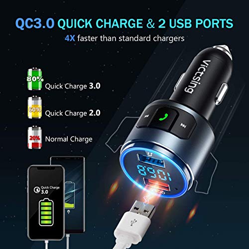 VicTsing (Upgraded Version) V5.0 Bluetooth FM Transmitter for Car, QC3.0 & LED Backlit Wireless Bluetooth FM Radio Adapter Music Player/Car Kit with Hands-Free Calls, Siri Google Assistant