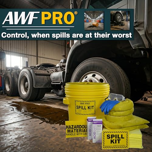 Image of AWF PRO 20 Gallon Battery Acid Spill Kit, 59 Pieces | Includes DOT Approved 20 Gallon Drum, Sorbent Socks, Pads, & Pillows, & Accessories