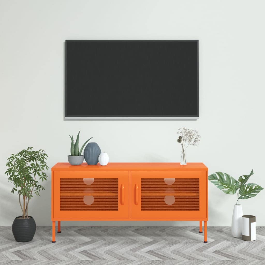 Mobile TV arancione in acciaio, 105 x 35 x 50 cm, con 2 ante a griglia, scaffale e gestione dei cavi, portata 100 kg, moderno mobile basso per soggiorno, home theater, gaming, salvaspazio e