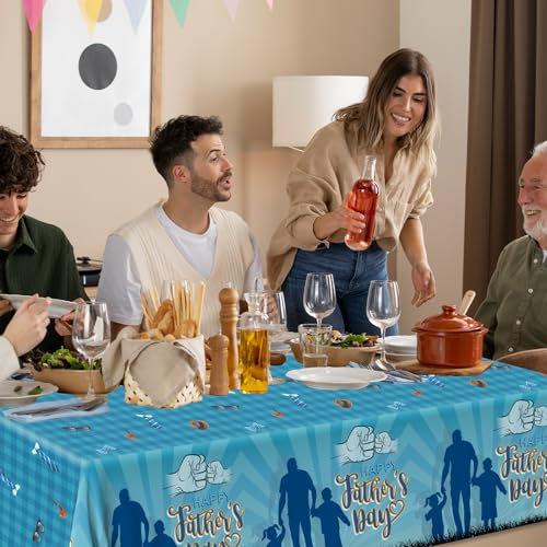 Image of 3Pcs Fathers Day Tablecloths - Blue Happy Fathers Day Rectangular Plastic Table Covers for Party Supplies, Size 70.8X42.5in