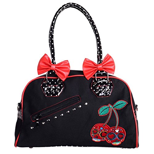 Sac à main cherry skulls polka dot vintage rétro pour femme noir et rouge