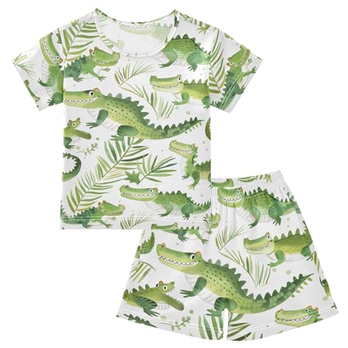 ALAZA Cartoon Crocodile Palm Leaf Pajamas Short Sleeve 2 Piece Sleepwear Top and Bottom Pajama Set Unisex