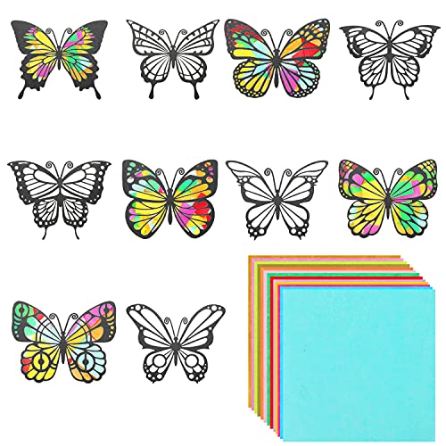 MixTeach 50 Pieces Butterfly Suncatcher Kit, 10 Types Double-Sided Stained Glass Effect Paper 6.3 x 4.3 Inch With 30 Pieces Colored Paper for Window Art Classroom Craft Decor