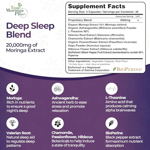 True Moringa Plus+ Sleep Support Supplement 10:1 Extract | 20,000mg of Organic Moringa, Chamomile, Passion Flower, Valerian Root, Hibiscus for Relaxation | Natural Sleep Aid for Adults (150 Capsules)