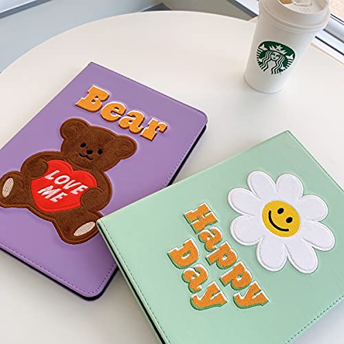 iPad iPadAir アイパッド エアー タブレット ケース カバー シリコン 韓国 傷防止 手帳型 ブック式 スタンド かわいい 大人 お揃い スマイル フラワー くま(iPadAir4 パープル)