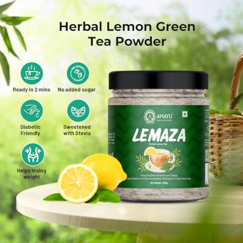 Image of AMAYU LEMAZA Herbal Lemon Green Tea Powder with Stevia | Weight Loss & No Added Sugar Lemon, Cardamom, Cloves, Ginger, Herbs, Spices, Tulsi, Assorted Green Tea Mason Jar (200 g)