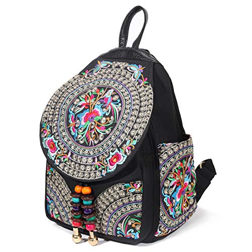 Image of SILKAREA Vintage Embroidered Floral Ethnic Backpack Purse for Women Bohemian Handbag Shoulder Bag Travel Purse (Black S1)