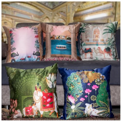 Image of Decorative Satin Sofa Cushion Covers Set of 5, 16 x 16 Inches, Multicolor Floral Printed Pillow Covers for Living Room, Bedroom, Couch & Sofa, Soft Glossy Fabric, Zipper Closure