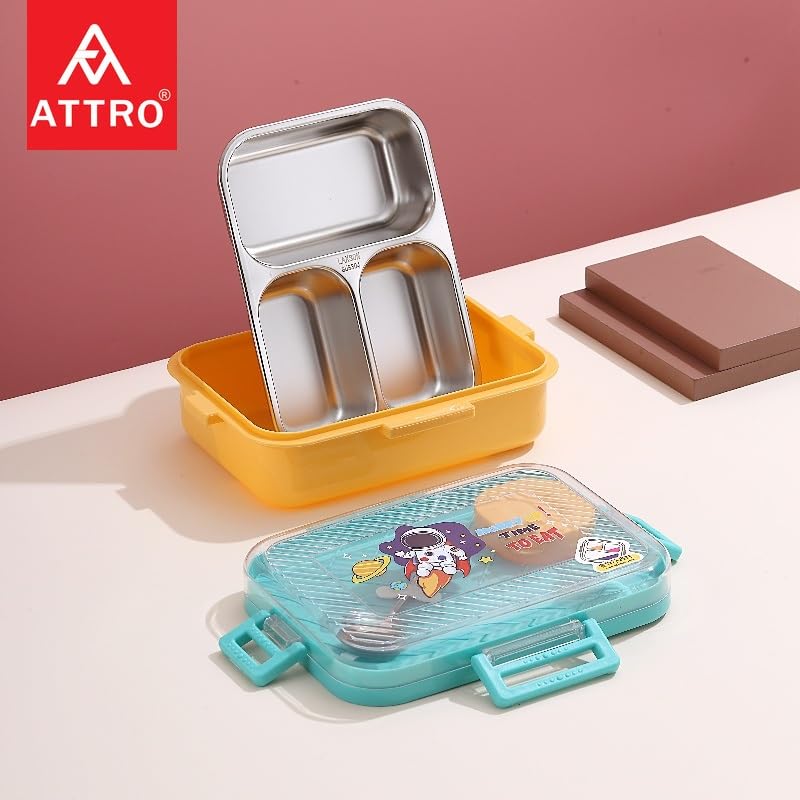 Image of ATTRO Monark Astro Themed Kids Lunch Box with Inner Steel 3 Compartment 1 Small Container, 1 Spoon & Separate Internal Lid Leakproof- 750ml+70ml Blue
