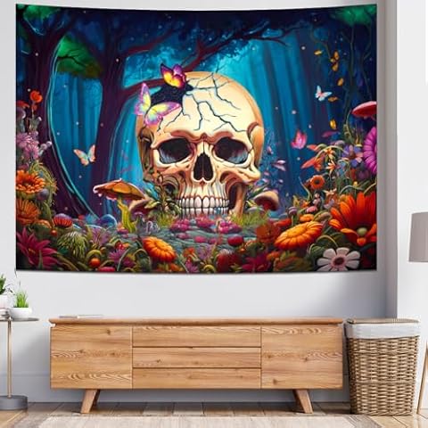 Racunbula Trippy Skull Tapestry Forest Floral Plant Tapestry Skeleton Wall Tapestry Aesthtic Flower Butterfly Wall Hanging for Bedroom Cover