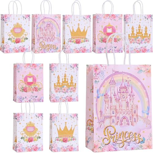 Bikasun 10 sacos de presente castelo com alças, sacos de papel para festas de princesas, rosa sacos para doces, sacos de presente para meninas, aniversário infantil