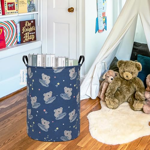 Image of Round Laundry Basket Collapsible Storage Hamper Organizer Space Koala | Waterproof Canvas Foldable Baskets with sturdy Handles Multi-scene Organizer for Home Play Bedroom Gift Bin