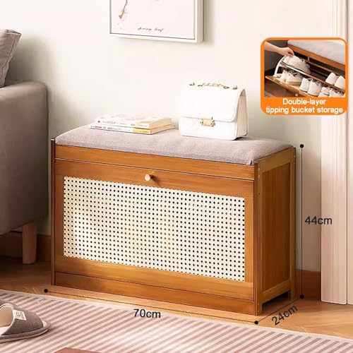 Banc à chaussures en bois massif avec siège coussin en lin rustique