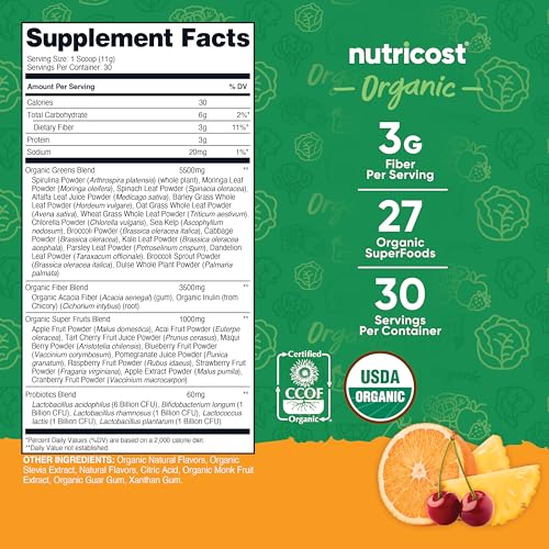 Foto de Nutricost Polvo orgánico Super Greens (30 porciones) Sabor Orange Sunrise - Mezcla de bebida de suplemento superalimenticio (imagen 3)