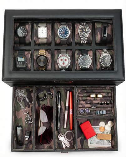 HOUNDSBAY Yachtsman Large Watch Box Jewelry Organizer for Men, Camo Gifts for Men, Jewelry Box Organizer, Watch Display & EDC Storage Drawer, Watch Case