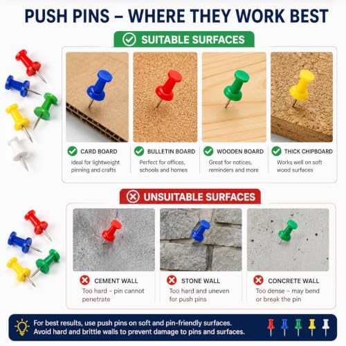 Image of Steel Push Pins Pack of 50 | Multicolour Head Thumb Tacks with Sharp Steel Pins for Notice Board, Bulletin Board, Cork Board, Office, School, Classroom, Home & Craft Display