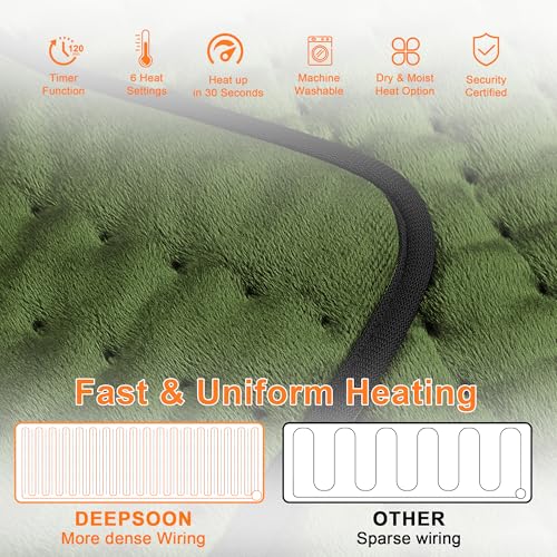 Image of Deepsoon Heating Pad,Electric Heating Pads for Back,Neck,Moist Heating Pad for Abdomen Shoulder Knee Legs,Dry /Moist Heat&Auto Shut Off,Mother's Day Birthday for Men and Women,Green Black,33x17 Inch