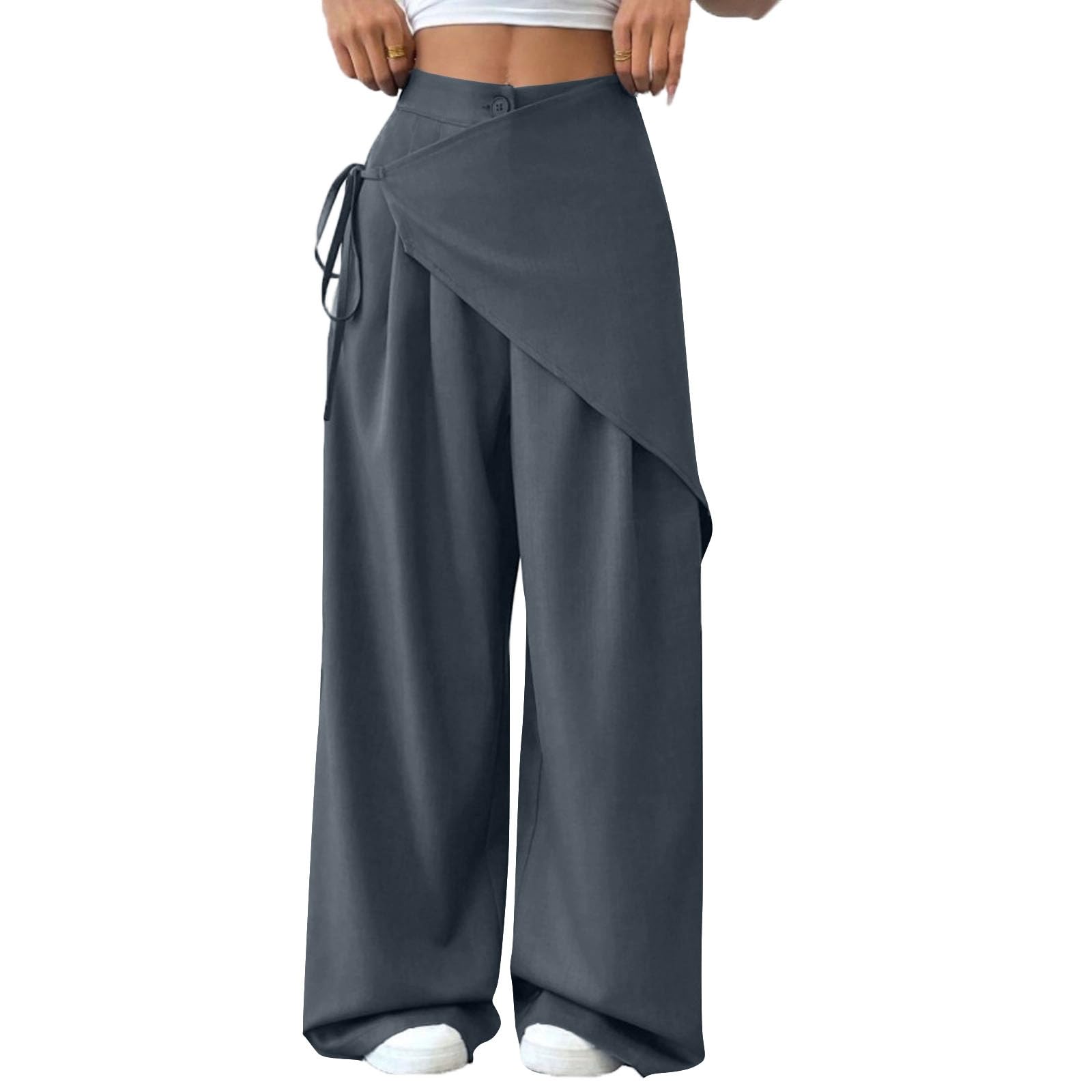 Womens Wide Leg Bow Tie Wrap Pants High Waisted Loose Fit Casual Work Dress Pants Fashion Asymmetrical Trousers