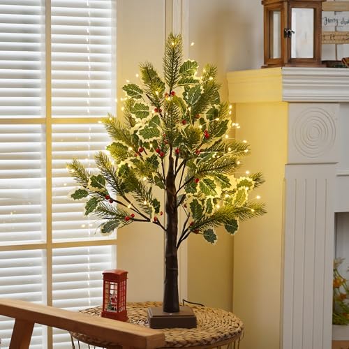 PXBNIUYA 2 FT Christmas Tree with 72 LED Lights, Christmas Decorations Indoor, Fairy Light Spirit Tree for Home Decor, Lighted Birch Trees with Pine Needles, USB and 3AA Battery and Timer（Warm White）