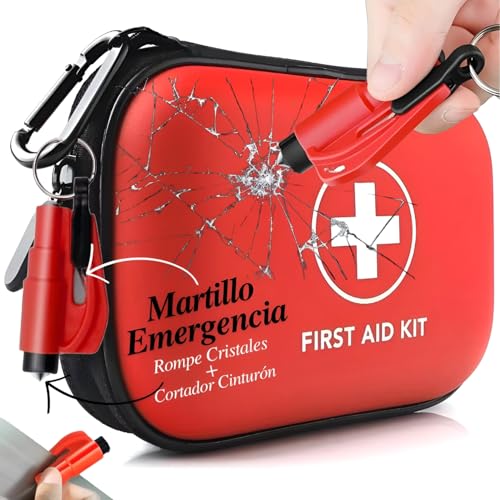 Botiquín de primeros auxilios compacto e impermeable, útil para llevar en el coche en caso de emergencia, con martillo rompe cristales que puede salvar su vida y la de su familia en caso de accidente