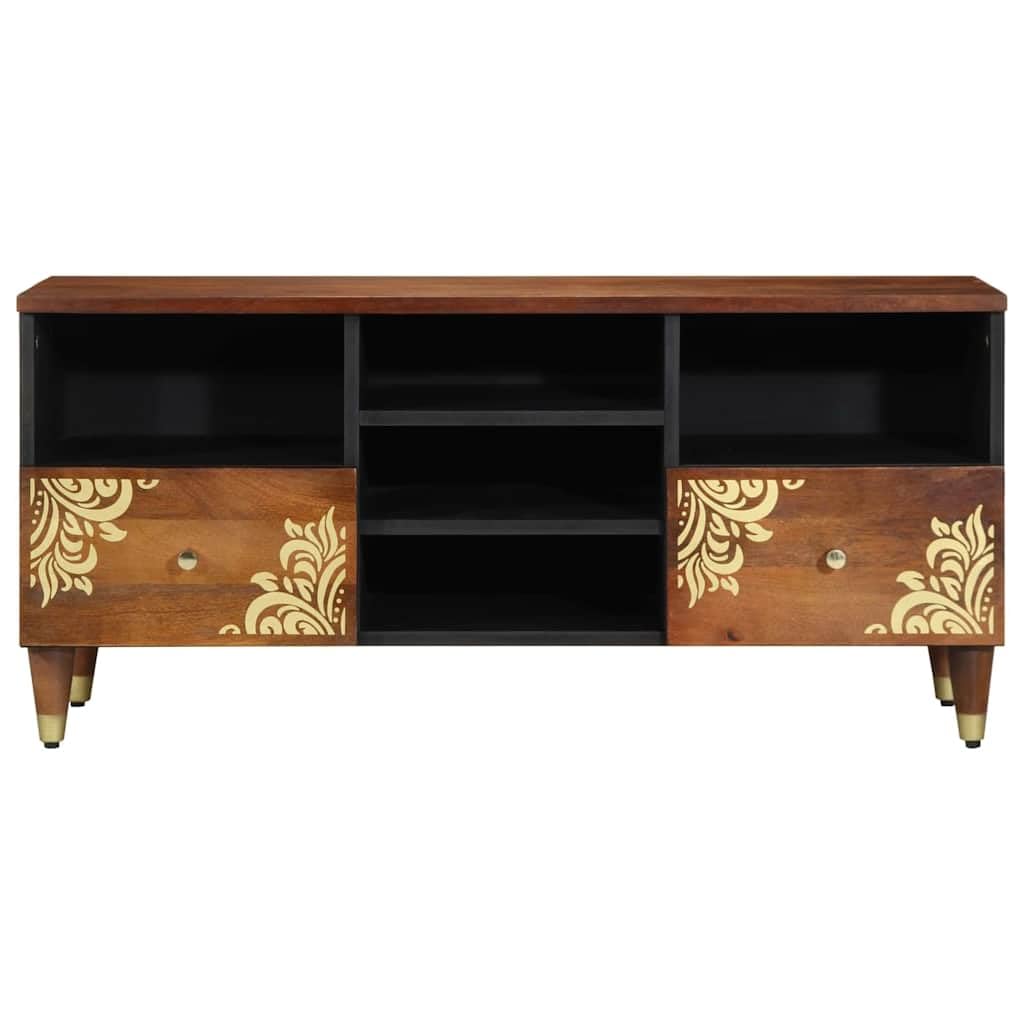 Mobile TV marrone miele in legno massello di mango 100 x 33 x 46 cm con cassetto, vano portaoggetti e bottoni in ottone per soggiorno home cinema e dispositivi multimediali