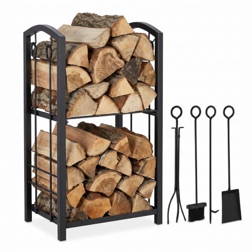 Relaxdays 10028783 Etagère à bois serviteur, 2 Etages Porte buche, outils cheminée, pelle,balai,pince,tisonnier, noir, acier, plastique, 73 x 46 x 30 cm