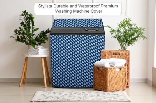 Image of Stylista Waterproof and Dustproof Polyester Washing Machine Cover Compatible for Godrej 10 Kg Semi-Automatic Top Loading WSEDGE NEO 100 5.0 PB3 SLGR, Check Blue