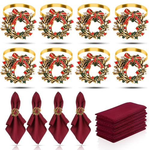 KPOSIYA 16pcs Christmas Wreath Napkin Rings Set of 8 and 8 Christmas Napkins Cloth, Napkins holdes for Dinning Table Setting Decoration, Xmas Dinner Tables Rings for Winter Party