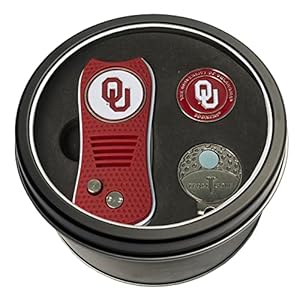Team Golf NCAA Oklahoma Sooners Tin Gift Set with Retractable Divot Tool, Cap Clip, and Ball Marker Gift Set Retractable Divot Tool, Cap Clip, & 2 Double-Sided Enamel Ball Markers, Patented Design, Less Damage to Greens, Retractable Mechanism