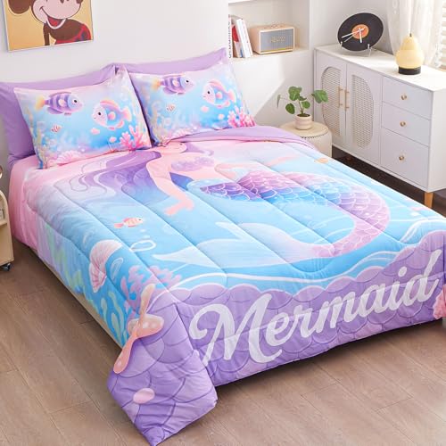 Image of 5 Pieces Twin Comforter Set for Girls, Mermaid Twin Bedding Set, Ultra Soft and Fluffy, Ocean Fish Tail Bed in a Bag for Kids Teens
