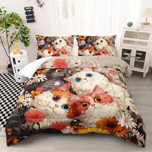 Image of AILONEN Kawaii Cat Bedding Sets for Girls,Floral Cute Kitten Comforter Set Twin Size,Pet Animal Duvet Set,3 Pieces,1 Quilt and 2 Pillowcases,Microfibre