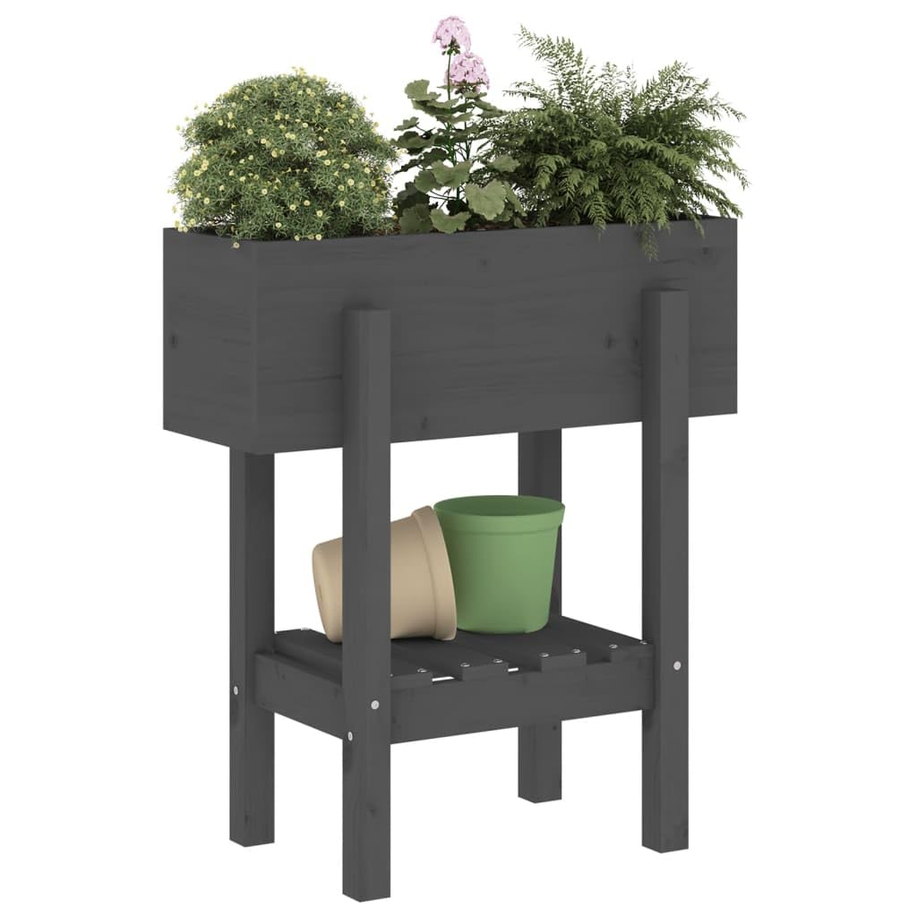 Macetero gris 62 x 30 x 69 cm de madera maciza de pino, bancal alto con estante para jardín, balcón y terraza, robusta jardinera para verduras y hierbas
