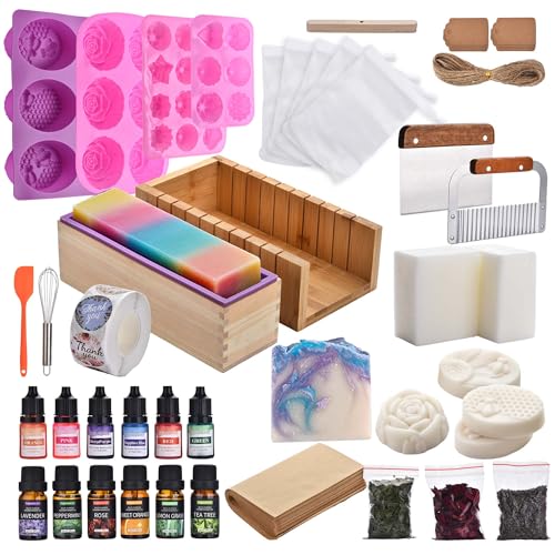 Soap Making Kit for Adults All-in-One Soap Making Supplies Includes Melt & Pour Goat Milk Soap Base Silicone Loaf Molds Premium Cutting Box & 500+PCS DIY Handmade Soap