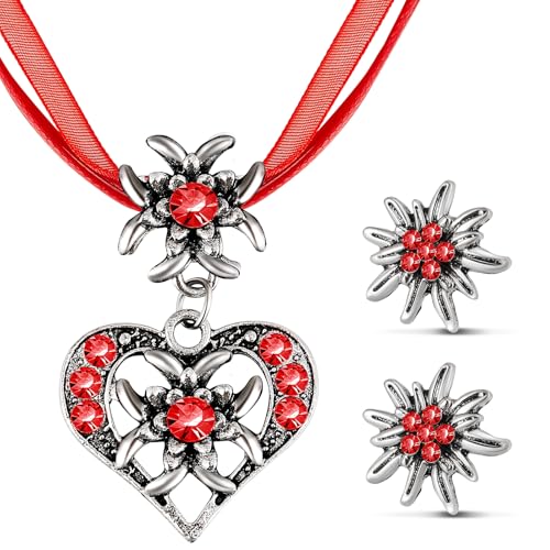 Patelai 3 Stück Trachtenschmuck Set Bayerisch Dirndlschmuck Trachtenkette mit Strass Edelweiß Herz Anhänger und Edelweiß Ohrstecker für Damen Bierfest Trachten Dirndl Outfit Accessoires (Rot)