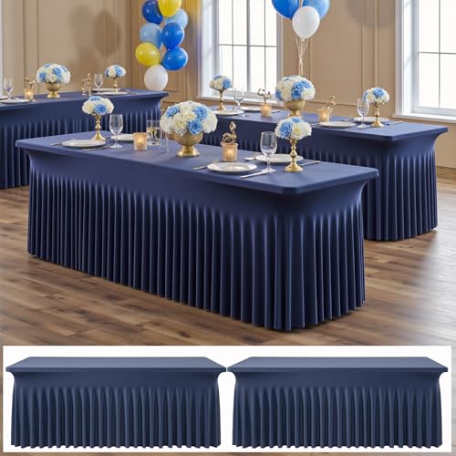Image of 2 pk Navy Blue Spandex Tablecloth 8ft With Ruffle Table Skirt, Wrinkle Free Stretchy Fitted Tablecloths for 8 Foot Rectangle Tables, Elastic Spandex Table Covers 8ft for Weddings Parties Banquet Craft