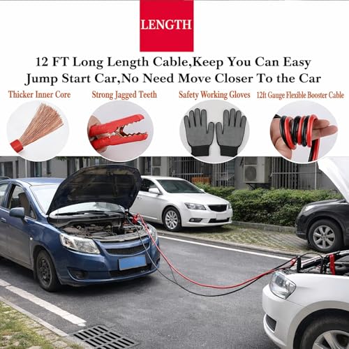 kewen Car Emergency Kit, Roadside Assistance Emergency Car Kit Jumper Cables, Road Trip Essentials, Auto Vehicle Car Safety Kit with Digital Air Compressor Tire Inflator, Reflective Warning Triangle - Image 3