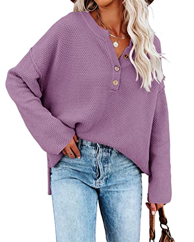 Saodimallsu Pull surdimensionné à manches longues chauve-souris et col en V pour femme Bleu, violet, S Cover