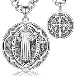 Medallas De La Santa Muerte De Oro INFUSEU San Benito Collar, 925 Plata de Ley Medalla San Benito Patrón Colgante Cristiana Religiosa Protección Joyería Amor Divino Protección Espiritual Doble Amuleto Regalos para Hombres Mujer