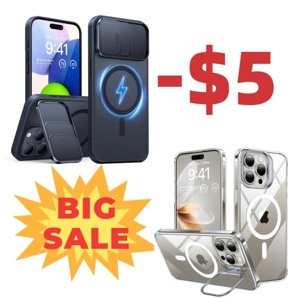 TORRAS Durable Slide Camera Cover, Kickstand & Magnetic Shockproof, Built-in Sturdy Adjustable Stand, Non-Yellowing Slim Clear Case for iPhone 15 Pro