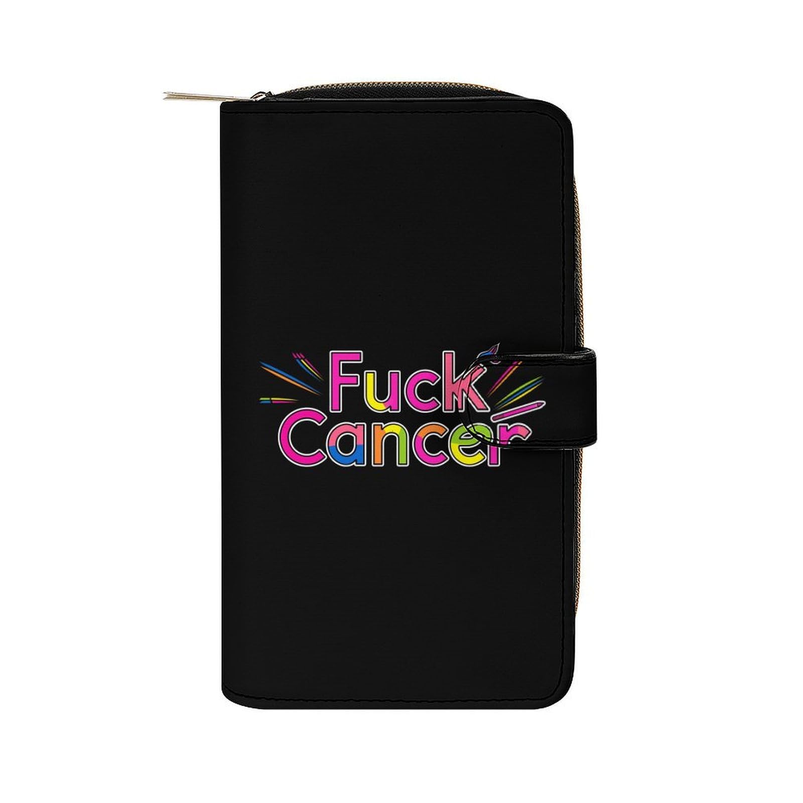 Fuck Cancer Awareness Leather Long Pouch Wallet for Men And Women Large Capacity Clutch Cash Wallet with Zippered