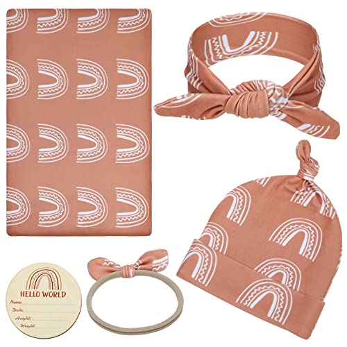 Image of 5 Pcs Rainbow Newborn Swaddle Set with Muslin Baby Swaddle Blanket, Wooden Baby Announcement Sign, Matching Hat and Bow, Boho Vintage Swaddle and Headband Set for Boys Girls Newborns Infants (Caramel)