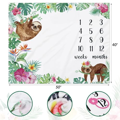 Image of Watercolor Jungle Baby Sloth Monthly Milestone Blanket for Girls - Soft Fleece Baby Girl Photo Prop Growth Tracker Newborn Keepsake Baby Shower Spring Gift