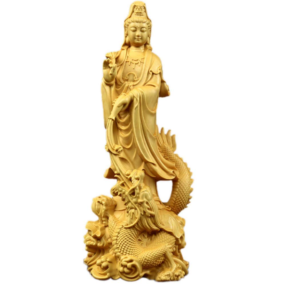 JAMCHE Figurine Quan Yin Avalokite#347;vara Meditating Buddha Kuan Yin on Dragon Sculpture Boxwood Ornament Decoration Gift,Wood