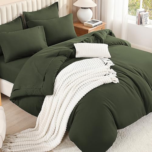 Image of Litanika Comforter Full Size Set Olive Green - 7 Pieces Bed in a Bag Full Bedding Comforter Sets, Plain Lightweight Bed Set with Comforter, Sheets, Pillowcases & Shams