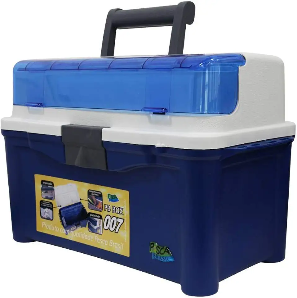 Pesca Brasil, Maleta De Pesca PB Box 007 Com 1 Estojo Papa Isca E 2 Estojos Multiuso, Suporta Mais De 120kgs, Com Abertura Na Tampa, Compartimentos Ajustáveis, Resistente, Durável, Azul e Branco