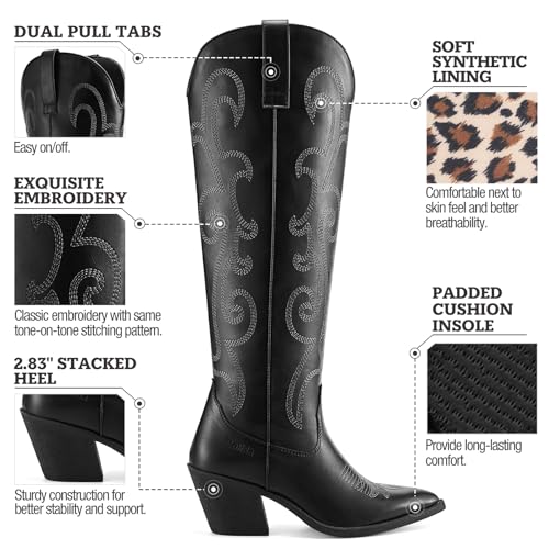 Image of Rollda Cowboy Boots for Women Cowgirl Boots Embroidered Knee-High Western Boots Pointy Toe with Chunky Heel