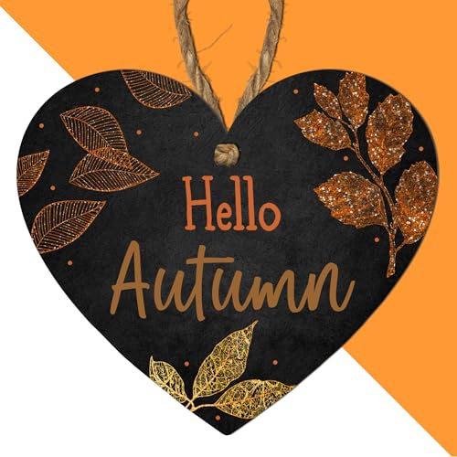 Image of "Hello Autumn" Black MDF Hanging Heart Plaque - Stunning Autumn Leaf Design with Glitter Effect – Perfect Fall Décor for Home, Kitchen, Living Room or Gifts (Medium: 15 cm (H) × 13 cm (W))