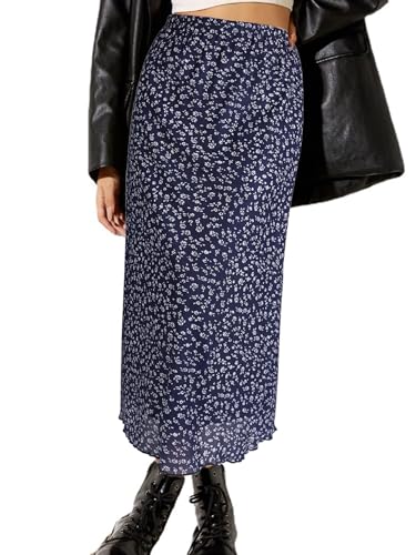 Avanova Women Floral Boho Print Mesh Midi Skirt High Waist Lettuce Trim Long Straight Skirt Blue Floral A Medium